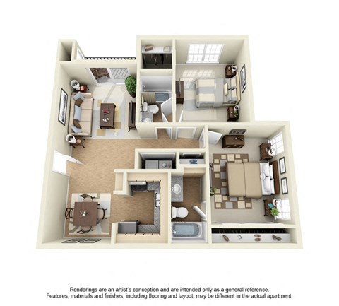 Floor plan for 2 beds, 2 baths, 940 sqft